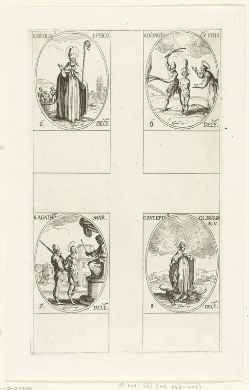 Heilige Nicolaas van Myra, Heilige Dionysia en Heilige Majoricus van Afrika, Heilige Agathopus van Kreta, Maria vertrapt een draak (Maria's Onbevlekte Ontvangenis) (6-8 december) Wall Art by Jacques Callot - High-Resolution Digital Print