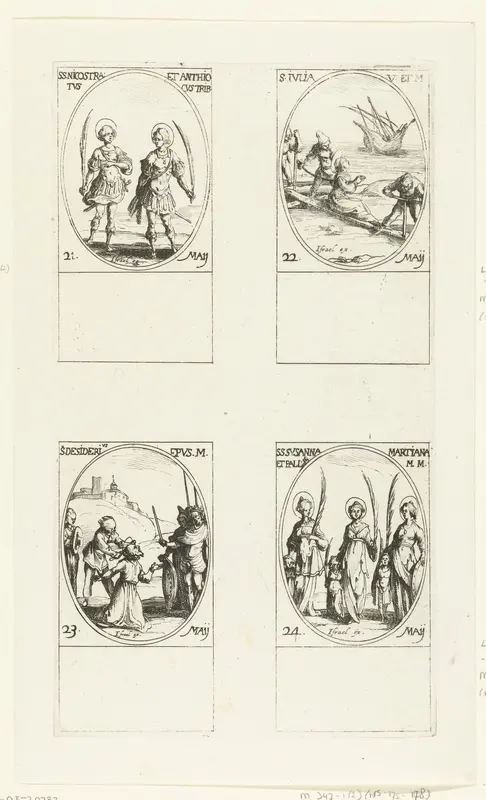 Heilige Nicostratus en Heilige Antiochus, Heilige Julia van Corsica, Heilige Desiderius van Vienne, Heilige Susanna, Heilige Marciana en Heilige Palladia van Galatia (21-24 mei) Wall Art by Jacques Callot - High-Resolution Digital Print