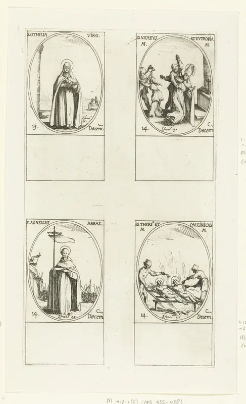 Heilige Odilia van Odilienberg, Heilige Nicasius en Heilige Eutropia van Reims, Heilige Agnellus van Napels, Heilige Thyrsus en Heilige Callinicus van Apollonia (13-14 december) Wall Art by Jacques Callot - High-Resolution Digital Print