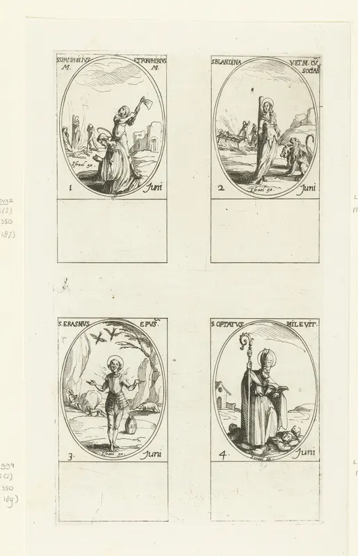 Heilige Pamphilus en Heilige Porphyrius van Caesarea, Heilige Blandina en gezellen, Heilige Erasmus van Formia, Heilige Optatus Afer van Mileve (1-4 juni) Wall Art by Jacques Callot - High-Resolution Digital Print