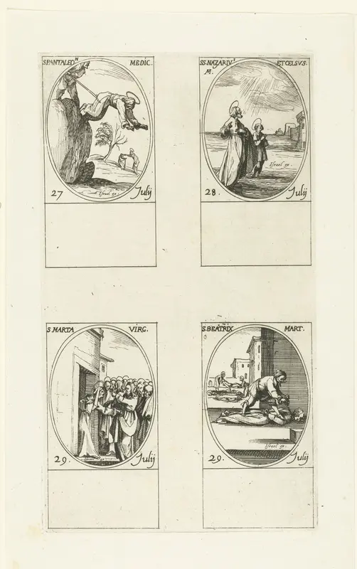 Heilige Pantaleon van Nicomedië, Heilige Nazarius en Heilige Celsus van Milaan, Heilige Martha van Bethanië, Heilige Beatrix van Rome (27-29 juli) Wall Art by Jacques Callot - High-Resolution Digital Print