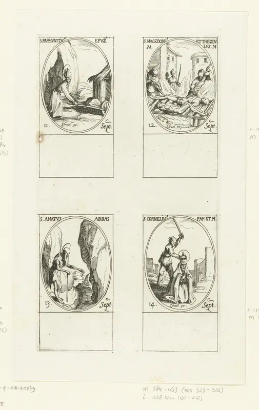 Heilige Paphnutius de Grote van Egypte, Heilige Macedonius en Heilige Theodulus, Heilige Amatus van Sion, Heilige Cornelius (11-14 september) Wall Art by Jacques Callot - High-Resolution Digital Print