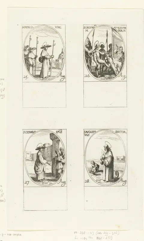 Heilige Patricia van Napels, Heilige Secundus en Heilige Alexander van Bergamo, Heilige Caesarius van Arles, Heilige Augustinus van Hippo (25-28 augustus) Wall Art by Jacques Callot - High-Resolution Digital Print