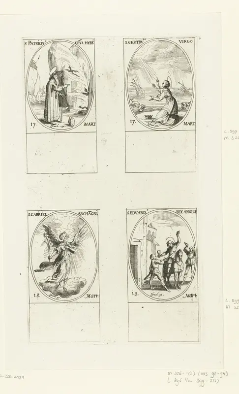 Heilige Patricius van Ierland, Heilige Gertrudis van Nijvel, Aartsengel Gabriël, Heilige Eduard de Martelaar (17-18 maart) Wall Art by Jacques Callot - High-Resolution Digital Print