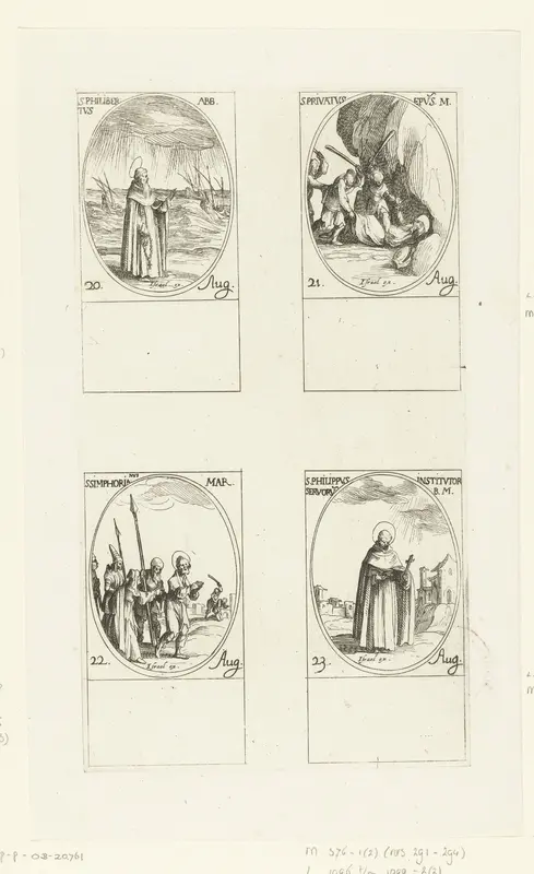 Heilige Philibertus van Jumièges, Heilige Privatus van Gévaudan, Heilige Symphorianus van Autun, Heilige Philippus Benitius (20-23 augustus) Wall Art by Jacques Callot - High-Resolution Digital Print