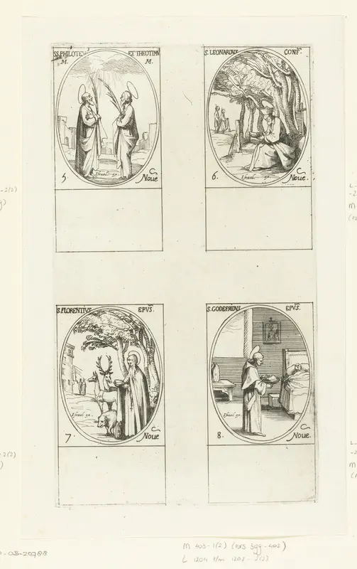 Heilige Philotheus en Heilige Theotimus, Heilige Leonardus van Noblat, Heilige Florentius van Straatsburg, Heilige Godefridus van Amiens (5-8 november) Wall Art by Jacques Callot - High-Resolution Digital Print