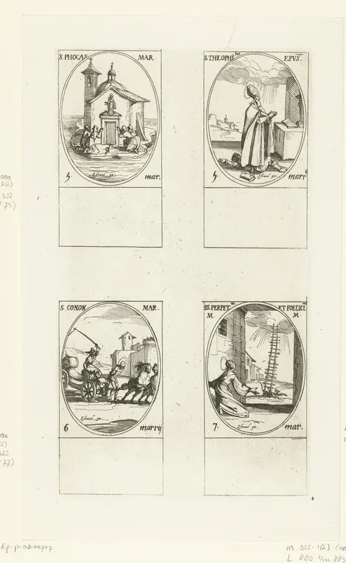 Heilige Phocas, Heilige Theophilus, Heilige Conon van Mandona, Heilige Perpetua en Heilige Felicitas van Carthago (5-7 maart) Wall Art by Jacques Callot - High-Resolution Digital Print