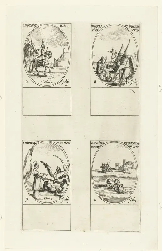 Heilige Procopius van Caesarea, Heilige Aquila en Heilige Priscilla van Rome, Heilige Anatolia, Heilige Rufina en Heilige Secunda van Rome (8-10 juli) Wall Art by Jacques Callot - High-Resolution Digital Print