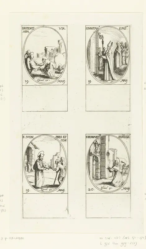 Heilige Pudentiana van Rome, Heilige Dunstan van Canterbury, Heilige Ivo Hélory van Kermartin, Heilige Bernardinus van Siena (19-20 mei) Wall Art by Jacques Callot - High-Resolution Digital Print