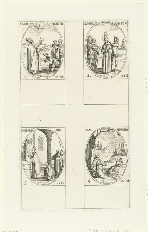 Heilige Remigius van Reims, Heilige Leodegard van Autun, Heilige Gerardus van Brogne, Heilige Franciscus van Assisi (1-4 oktober) Wall Art by Jacques Callot - High-Resolution Digital Print