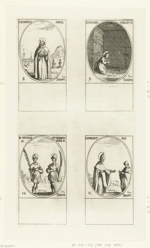 Heilige Romaricus van Remiremont, Heilige Leocadia van Toledo, Heilige Menas en Heilige Hermogenes van Alexandrië, Heilige Damasus I (8-11 december) Wall Art by Jacques Callot - High-Resolution Digital Print