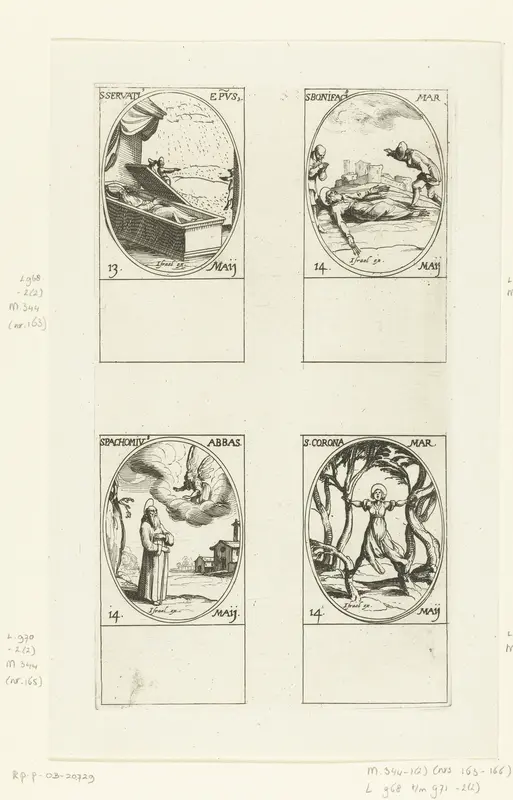Heilige Servatius van Maastricht, Heilige Bonifatius van Tarsus, Heilige Pachomius de Oudere, Heilige Corona van Egypte (13-14 mei) Wall Art by Jacques Callot - High-Resolution Digital Print