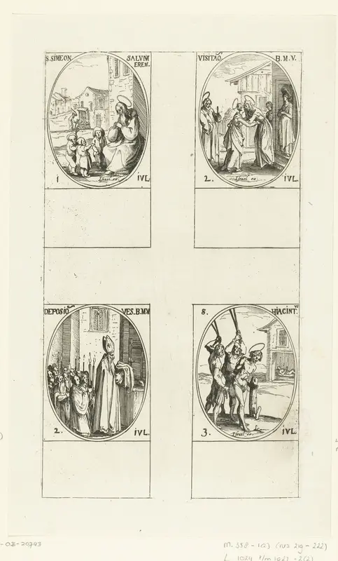 Heilige Simeon van Emesa, Visitatie, Zegening van de kleding van Maria, Heilige Hyacinthus (1-3 juli) Wall Art by Jacques Callot - High-Resolution Digital Print