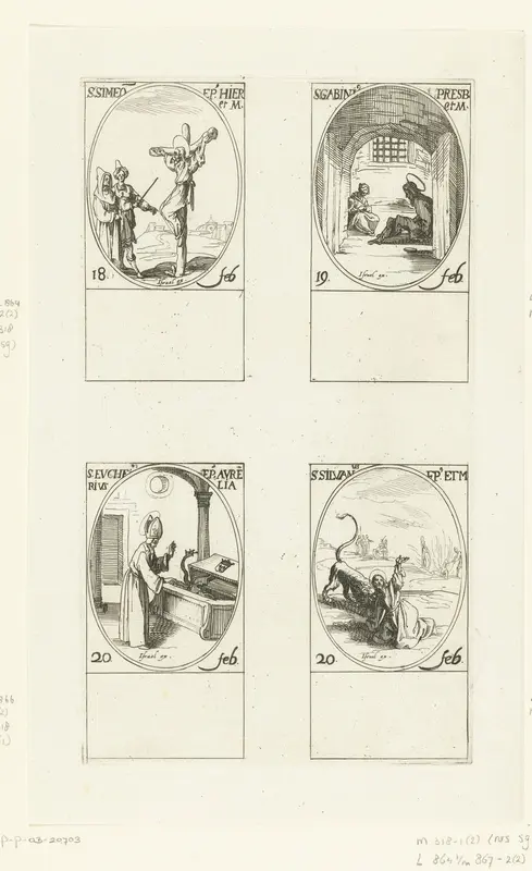 Heilige Simeon van Jeruzalem, Heilige Gabinius, Heilige Eucherius van Orléans, Heilige Silvanus (18-20 februari) Wall Art by Jacques Callot - High-Resolution Digital Print