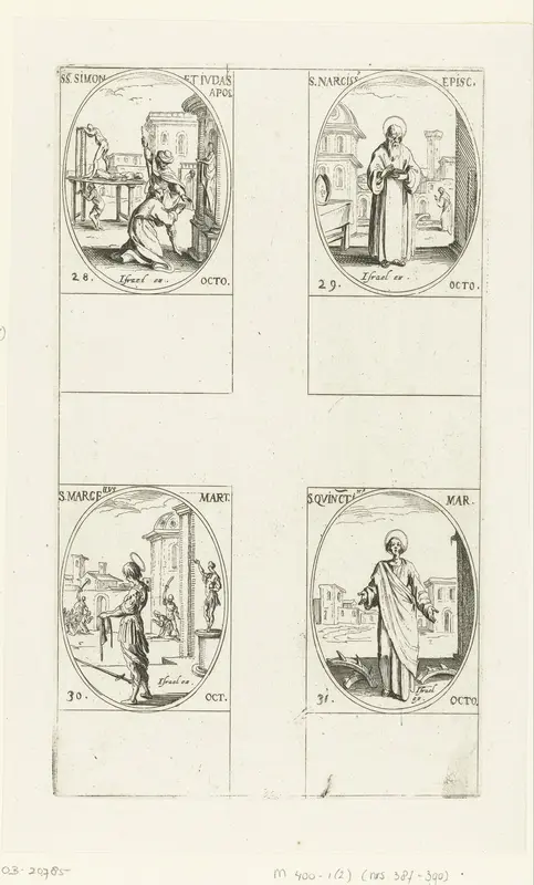 Heilige Simon de Zeloot en Heilige Judas Taddeüs, Heilige Narcissus van Gerona, Heilige Marcellus van Tanger, Heilige Quintinus van Saint-Quentin (28-31 oktober) Wall Art by Jacques Callot - High-Resolution Digital Print
