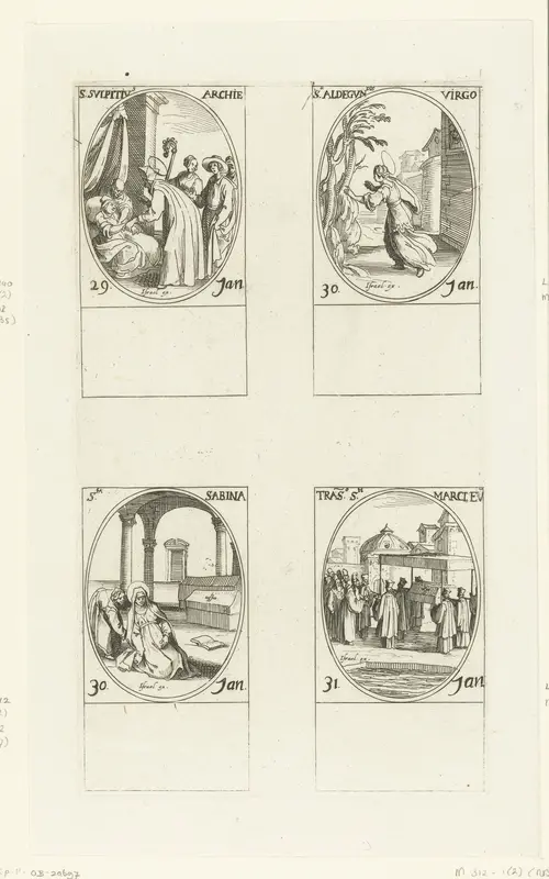 Heilige Sulpicius, Heilige Aldegondis, Heilige Sabina, Translatie van Marcus' stoffelijke resten (29-31 januari) Wall Art by Jacques Callot - High-Resolution Digital Print