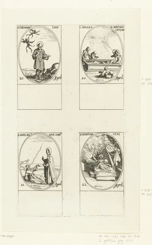 Heilige Theodorus Trichinas, Heilige Agnes van Montepulciano, Heilige Anselmus van Canterbury, Heilige Opportuna van Montreuil (20-22 april) Wall Art by Jacques Callot - High-Resolution Digital Print