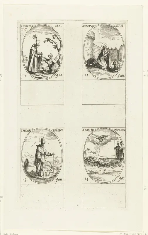 Heilige Theodosius, Heilige Tatjana, Heilige Hilarius van Poitiers, Heilige Felix (11-14 januari) Wall Art by Jacques Callot - High-Resolution Digital Print