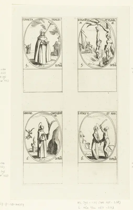 Heilige Theresia van Avila, Heilige Placidus en Heilige Flavia van Subiaco, Heilige Bruno de Kartuizer, Heilige Fides van Agen (5-6 oktober) Wall Art by Jacques Callot - High-Resolution Digital Print
