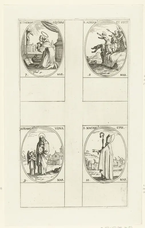 Heilige Thomas van Aquino, Heilige Adrianus en gezellen, Heilige Francisca van Rome, Heilige Macarius I van Jeruzalem (7-10 maart) Wall Art by Jacques Callot - High-Resolution Digital Print