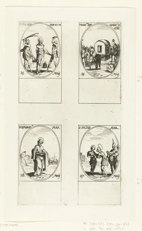 Heilige Urbanus I, Translatie van Maria van Klopas' stoffelijke resten, Heilige Quadratus van Armenië en Athene, Heilige Julius van Durostorum (25-27 mei) Wall Art by Jacques Callot - High-Resolution Digital Print