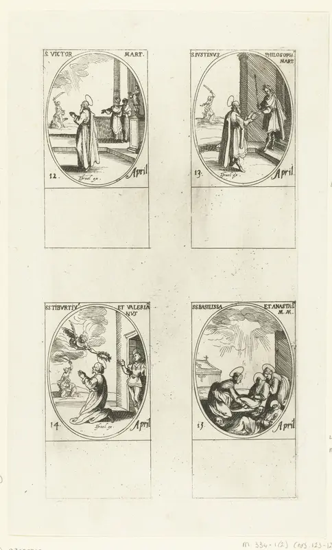 Heilige Victor van Braga, Heilige Justinus de Filosoof, Heilige Tiburtius en Heilige Valerianus van Rome, Heilige Basilissa en Heilige Anastasia van Rome (12-15 april) Wall Art by Jacques Callot - High-Resolution Digital Print