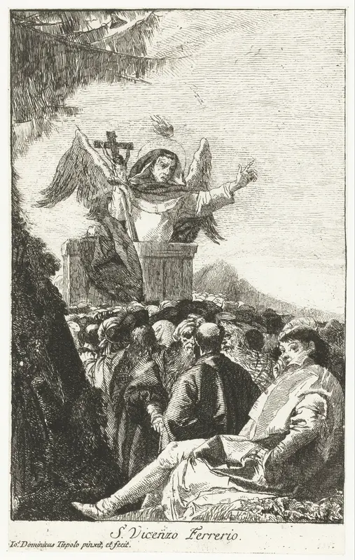 Heilige Vincentius Ferrer (Ferrier) met vleugels en crucifix predikt voor menigte Wall Art by Unknown - High-Resolution Digital Print