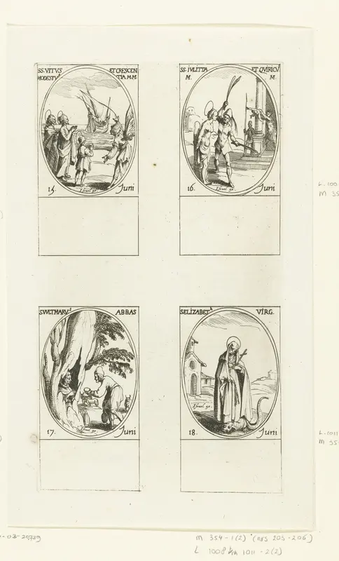 Heilige Vitus, Heilige Crescentia en Heilige Modestus van Lucania, Heilige Julitta en Heilige Quiricus van Tarsus, Heilige Wulmar van Boulogne, Heilige Elisabeth van Schönau (15-18 juni) Wall Art by Jacques Callot - High-Resolution Digital Print