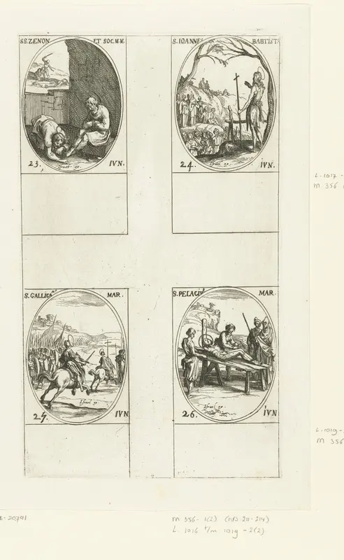 Heilige Zeno en gezellen, Heilige Johannes de Doper, Heilige Gallicanus van Rome, Heilige Pelagius van Cordoba (23-26 juni) Wall Art by Jacques Callot - High-Resolution Digital Print