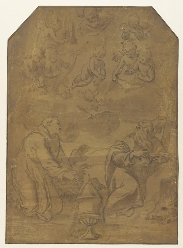 Heiligen Franciscus en Antonius Abbas knielend in een landschap Wall Art by Unknown - High-Resolution Digital Print