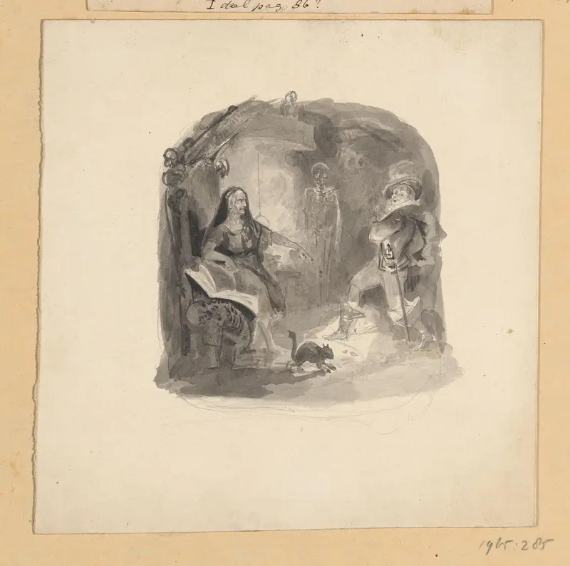 Heks en een edelman in een interieur met geraamten Wall Art by Johann Wilhelm Kaiser (I) - High-Resolution Digital Print