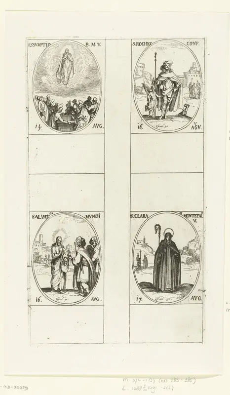 Hemelvaart van Maria (Maria-Tenhemelopneming), Heilige Rochus van Montpellier, het kleed van Edessa, Heilige Clara van Montefalco (15-17 augustus) Wall Art by Jacques Callot - High-Resolution Digital Print