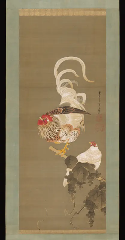 Hen and Rooster with Grapevine