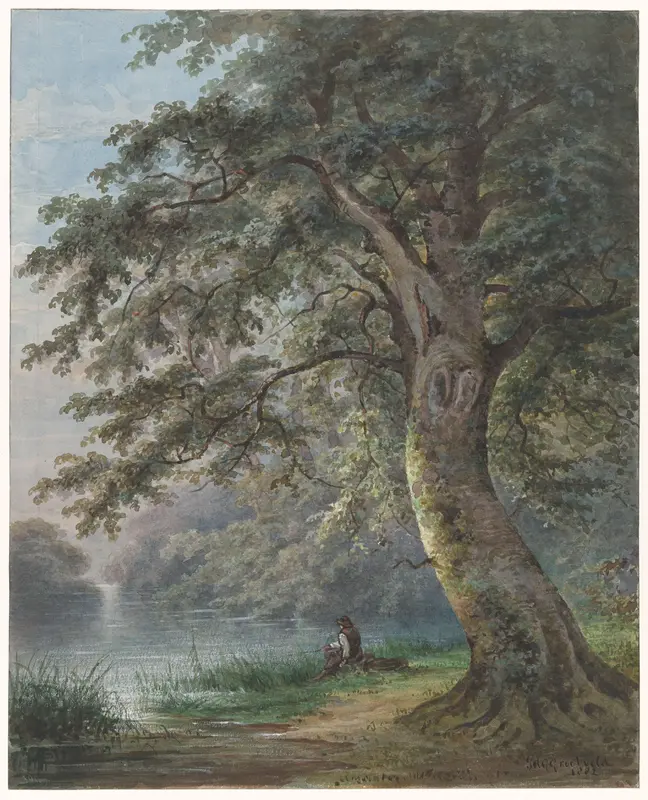 Hengelaar onder grote boom bij vijver Wall Art by Jan David Geerling Grootveld - High-Resolution Digital Print