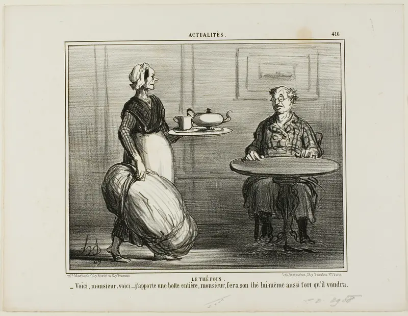 Herbal Tea. “- Here you are, Monsieur, I thought I'd bring along the entire pack of hay so you can decide yourself about the strength of your tea,” plate 416 from Actualités
