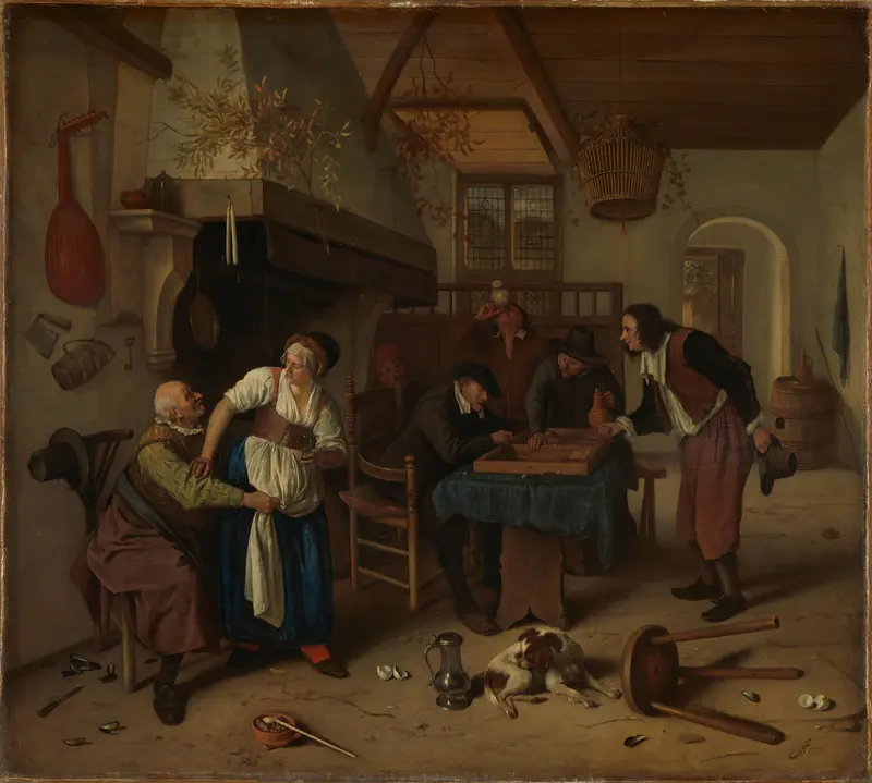 Herberginterieur met een oude man, die zich amuseert met de waardin, en triktrakspelers, bekend als 'Tweeërlei spel' Wall Art by Unknown - High-Resolution Digital Print