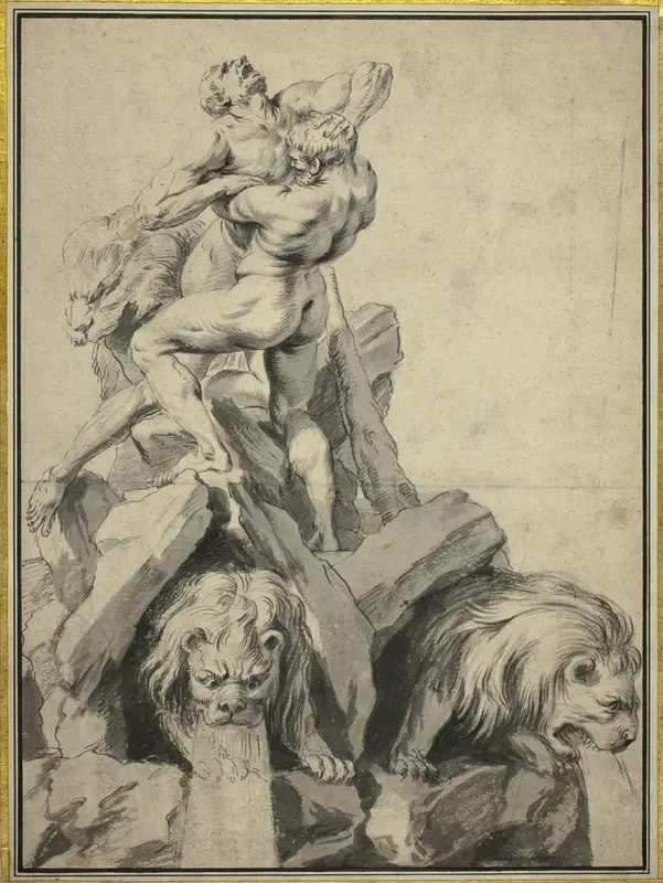 Hercules and Antaeus Design for a Fountain Wall Art by Martin Desjardins - High-Resolution Digital Print