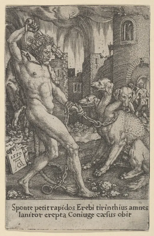 Hercules and Cerberus, from The Labors of Hercules Wall Art by Heinrich Aldegrever - High-Resolution Digital Print
