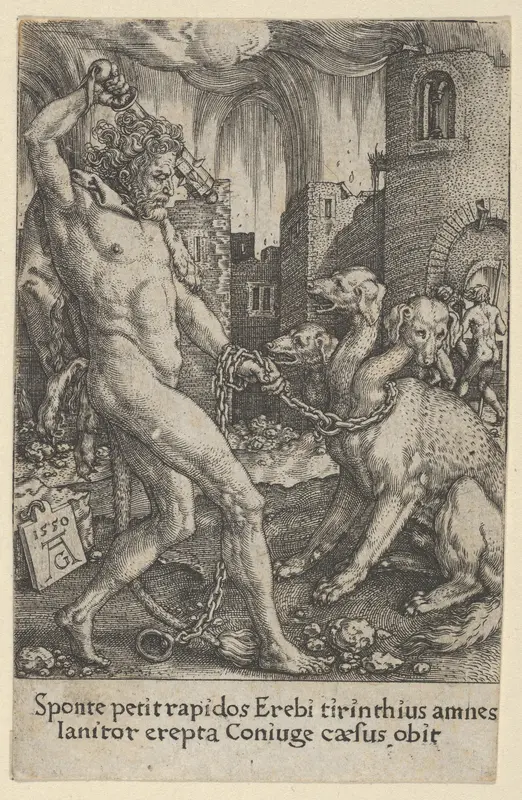 Hercules and Cerberus, from "The Labors of Hercules" Wall Art by Heinrich Aldegrever - High-Resolution Digital Print
