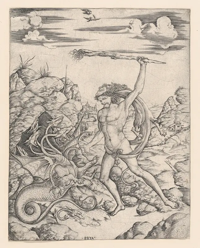 Hercules and the Hydra; wielding a torch he attacks the winged, multi-headed Hydra in rocky landscape, a hawk attacks a heron in the sky Wall Art by Cristofano di Michele Martini (Il Robetta) - High-Resolution Digital Print