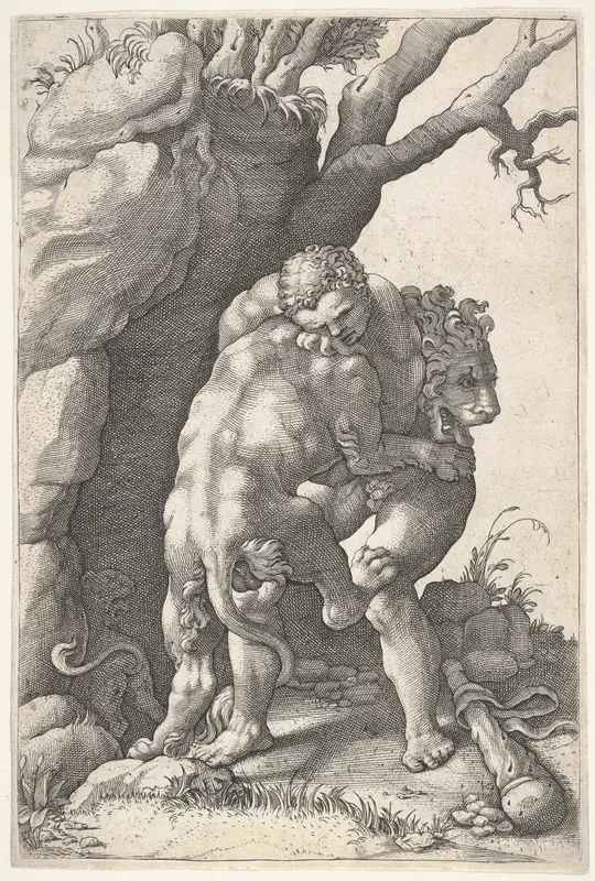 Hercules and the Nemean Lion: Hercules grasps the shoulders and chest of the lion, which is viewed from the back, beside a rocky outcrop Wall Art by Adamo (Ghisi) Scultori - High-Resolution Digital Print