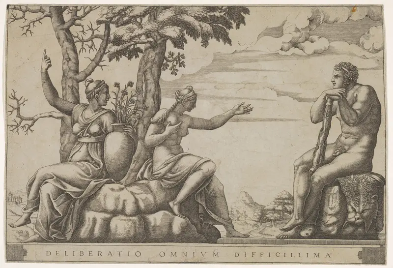 Hercules at the cross-roads, he is seated at the right, to the left are female personifications of Virtue and Vice Wall Art by Adamo (Ghisi) Scultori - High-Resolution Digital Print