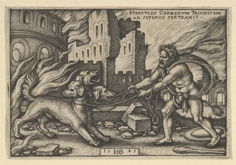 Hercules Capturing Cerberus, from "The Labors of Hercules" Wall Art by Sebald Beham - High-Resolution Digital Print