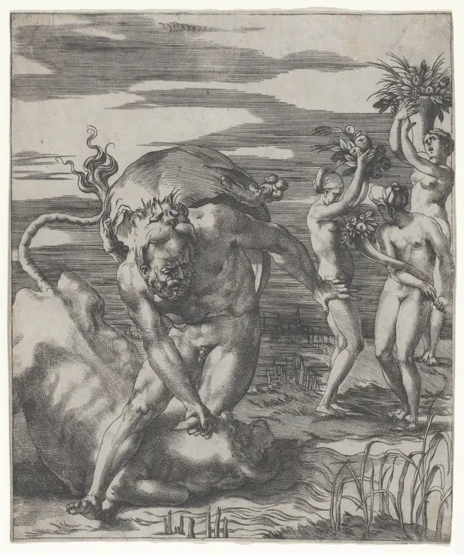 Hercules defeating the river god Acheolus in the form of a bull, with three women to his left holding cornucopias, from "Herculean Subjects"