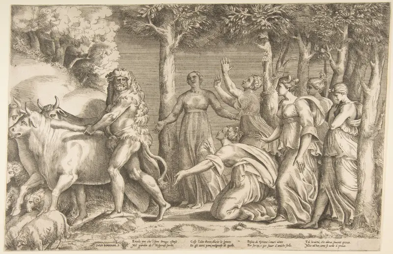 Hercules driving off the cattle of Geryon, at the right are the nymphs of Hesperides Wall Art by Giulio Bonasone - High-Resolution Digital Print