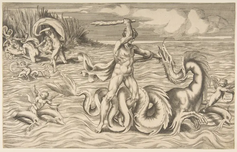 Hercules fight adragon in the centre, Achelous carrying off Deianeira upper left Wall Art by Giulio Bonasone - High-Resolution Digital Print