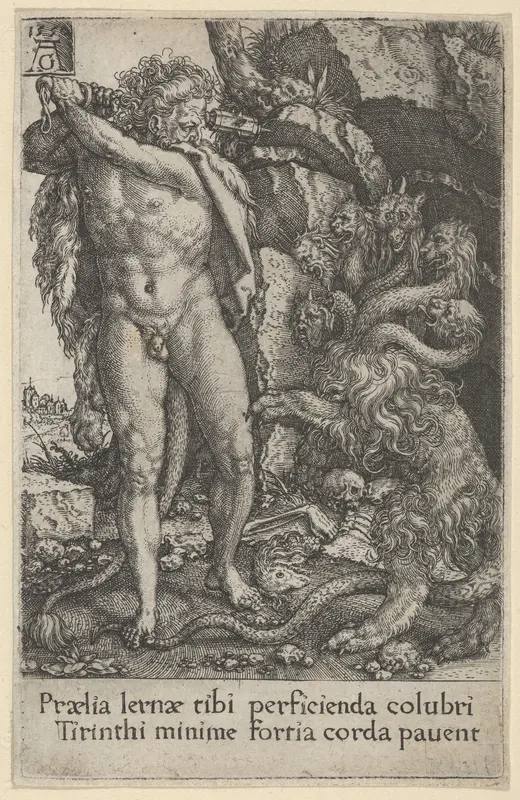 Hercules Fighting the Hydra of Lerna, from The Labors of Hercules Wall Art by Heinrich Aldegrever - High-Resolution Digital Print