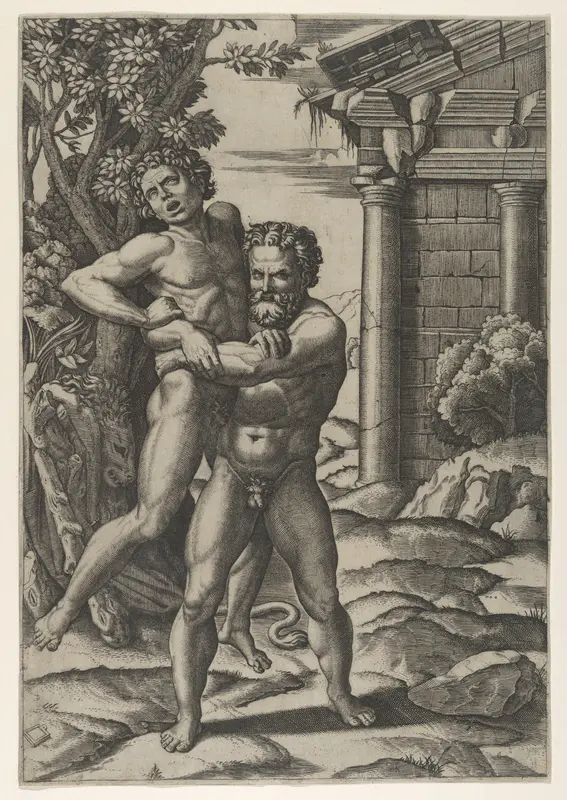 Hercules holding Antaeus by the waist and lifting him off his feet