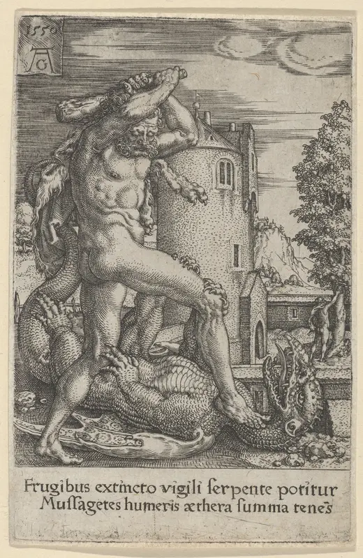 Hercules Killing the Dragon Ladon, from The Labors of Hercules Wall Art by Heinrich Aldegrever - High-Resolution Digital Print
