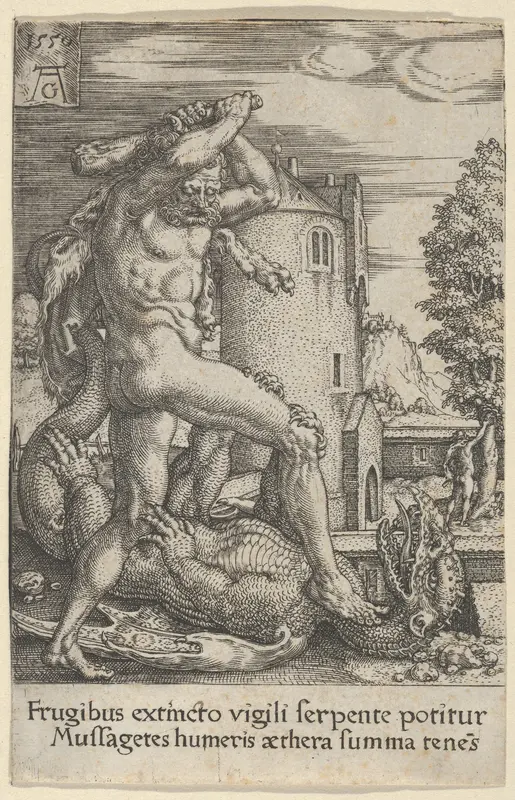 Hercules Killing the Dragon Ladon, from "The Labors of Hercules" Wall Art by Heinrich Aldegrever - High-Resolution Digital Print